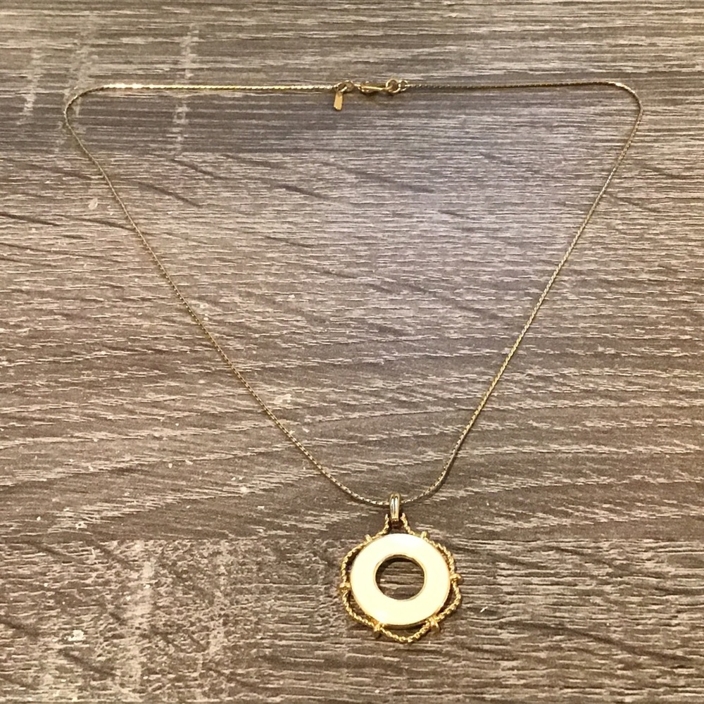 Monet Gold Tone & Off-White Enamel Ship's Buoy Life Preserver Pendant Necklace